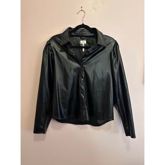 Laundry by Shelli Segal Faux Leather Puff Sleeve Button Up Shirt Jacket Small - Picture 2 of 10
